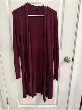 Ann Taylor Long Open-Front Cardigan in Deep Wine